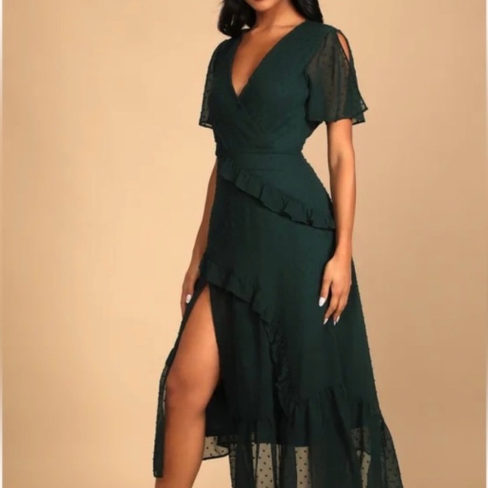 Lulu’s Next to You Emerald Green Swiss Dot Ruffled Midi Dress